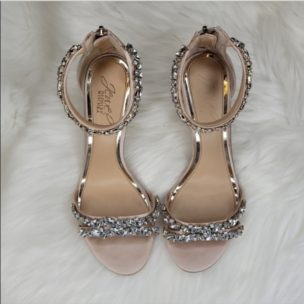 JEWEL BADGLEY MISCHKA Caroline Embellished Strap Evening Shoe Heels Champagne - Picture 6 of 16